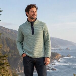 Marine Layer Mens L Sage Quilted Snap Pullover Sweatshirt Diamond Knit Green